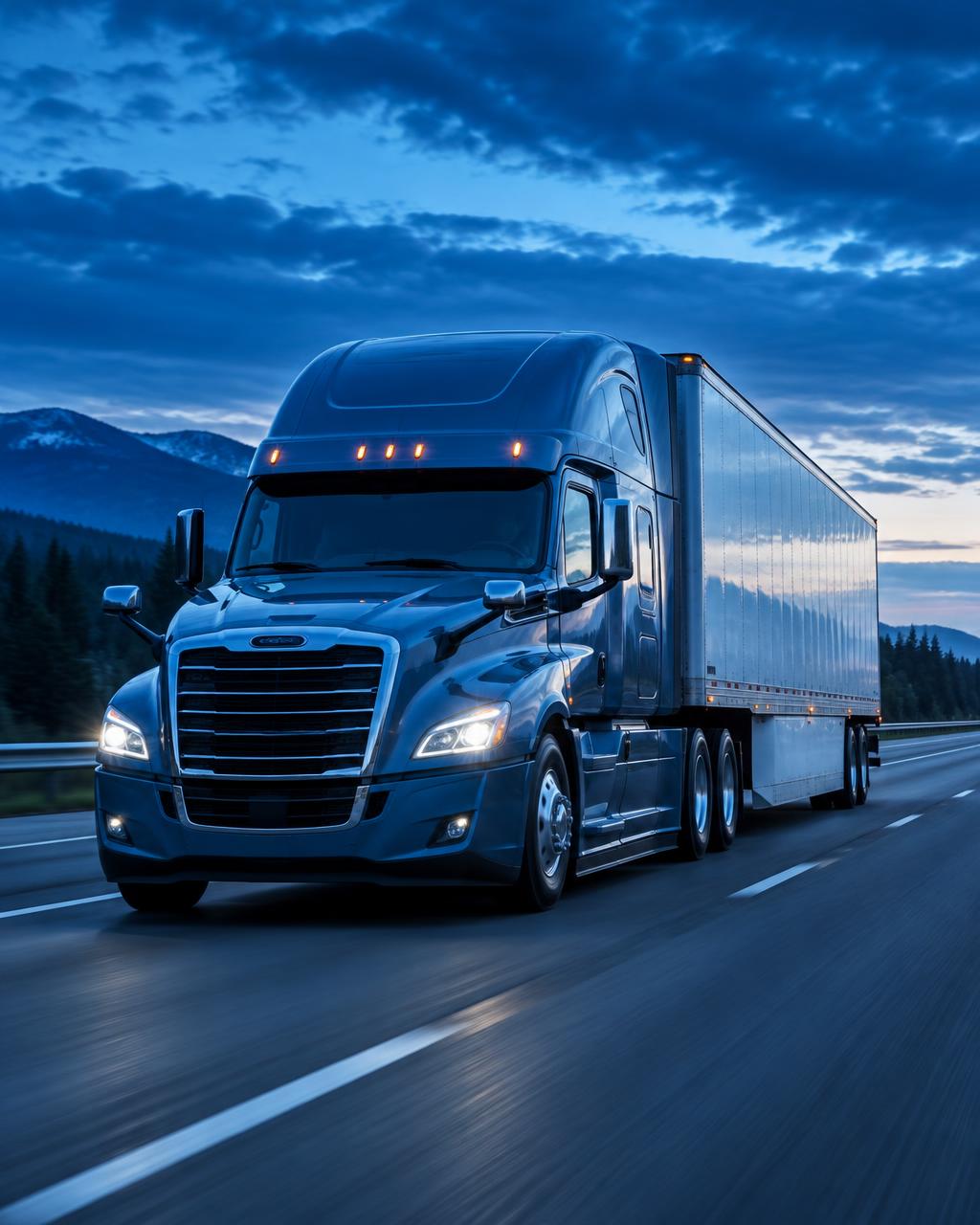 Modern semi truck traveling on an interstate highway